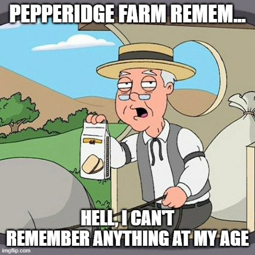 Pepperidge Farm Remembers | PEPPERIDGE FARM REMEM... HELL, I CAN'T REMEMBER ANYTHING AT MY AGE | image tagged in memes,pepperidge farm remembers | made w/ Imgflip meme maker