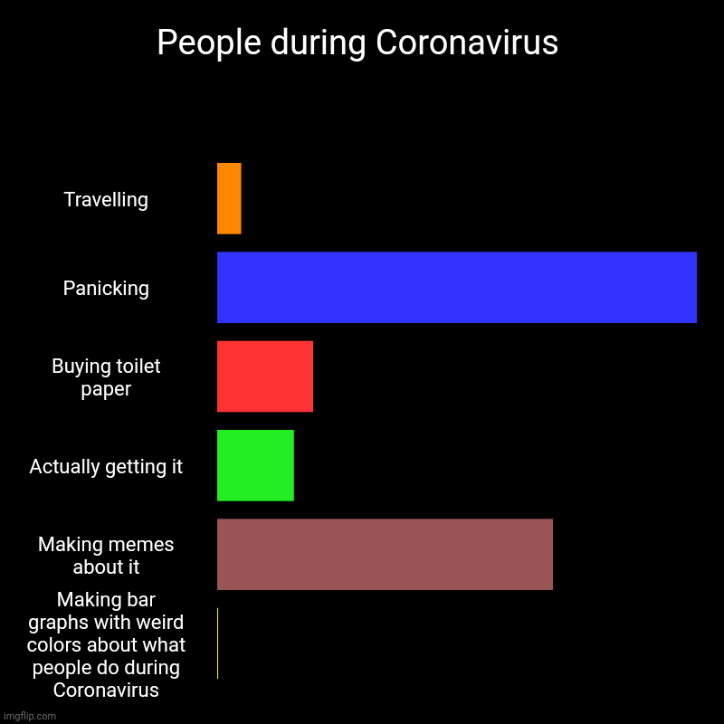 People during Coronavirus | Travelling, Panicking, Buying toilet paper, Actually getting it, Making memes about it, Making bar graphs with w | image tagged in charts,bar charts | made w/ Imgflip chart maker