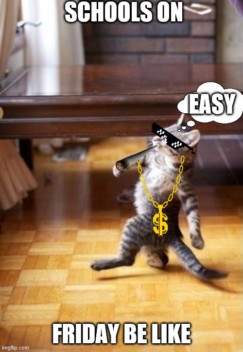 Cool Cat Stroll | SCHOOLS ON; EASY; FRIDAY BE LIKE | image tagged in memes,cool cat stroll | made w/ Imgflip meme maker