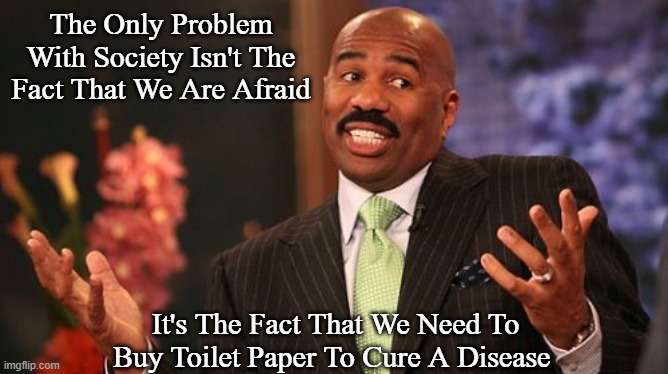 The Problem With Society | The Only Problem With Society Isn't The Fact That We Are Afraid; It's The Fact That We Need To Buy Toilet Paper To Cure A Disease | image tagged in memes,steve harvey,no more toilet paper,coronavirus,stop | made w/ Imgflip meme maker