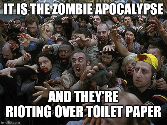 Zombies Approaching |  IT IS THE ZOMBIE APOCALYPSE; AND THEY'RE RIOTING OVER TOILET PAPER | image tagged in zombies approaching | made w/ Imgflip meme maker
