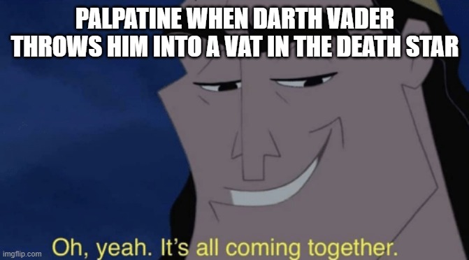 It's all coming together | PALPATINE WHEN DARTH VADER THROWS HIM INTO A VAT IN THE DEATH STAR | image tagged in it's all coming together | made w/ Imgflip meme maker