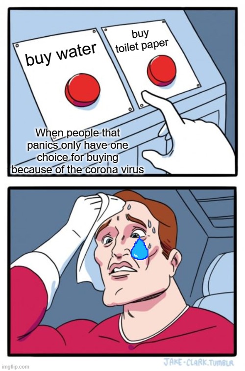 Two Buttons Meme | buy toilet paper; buy water; When people that panics only have one choice for buying because of the corona virus | image tagged in memes,two buttons | made w/ Imgflip meme maker