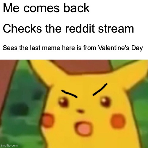 Surprised Pikachu | Me comes back; Checks the reddit stream; Sees the last meme here is from Valentine’s Day | image tagged in memes,surprised pikachu | made w/ Imgflip meme maker
