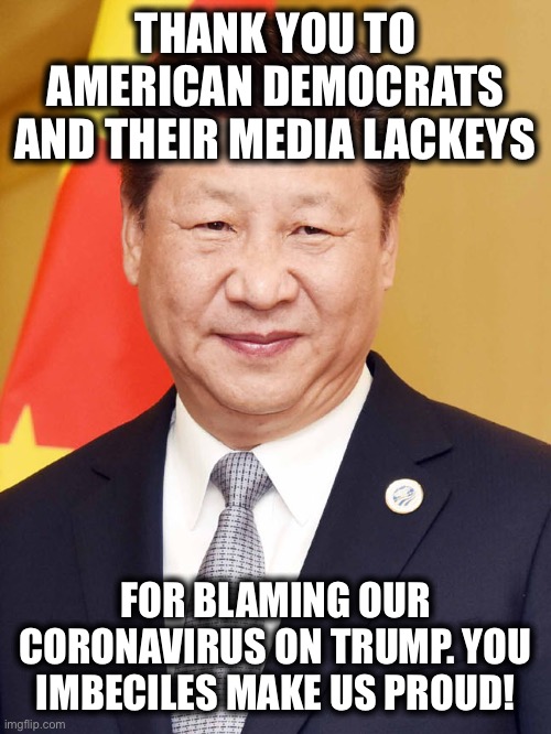 Democrats are the single greatest threat to America | THANK YOU TO AMERICAN DEMOCRATS AND THEIR MEDIA LACKEYS; FOR BLAMING OUR CORONAVIRUS ON TRUMP. YOU IMBECILES MAKE US PROUD! | image tagged in coronavirus,china,president trump,democrats,democratic party,libtards | made w/ Imgflip meme maker