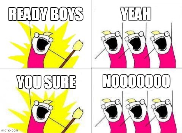 What Do We Want Meme | READY BOYS; YEAH; NOOOOOOO; YOU SURE | image tagged in memes,what do we want | made w/ Imgflip meme maker