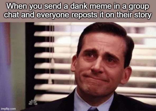 Happy Cry | When you send a dank meme in a group chat and everyone reposts it on their story | image tagged in happy cry | made w/ Imgflip meme maker