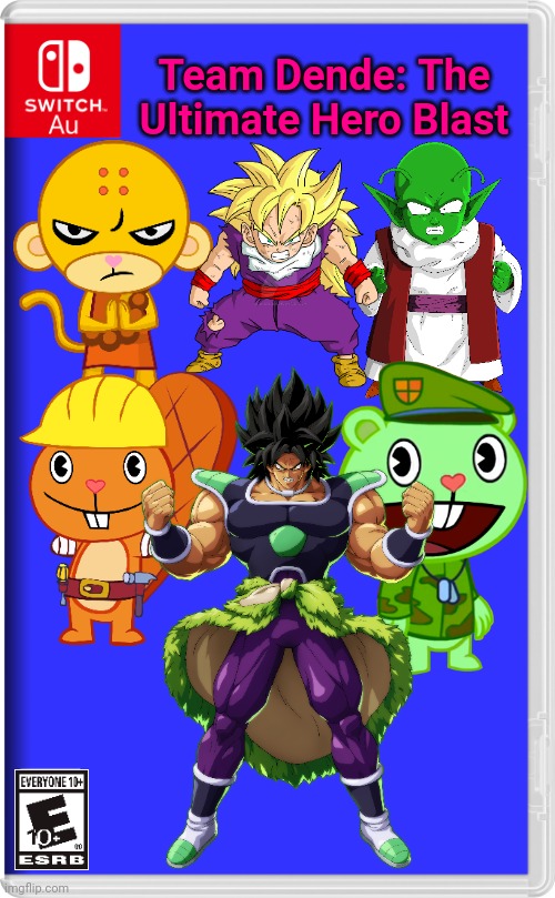 Team Dende 95 (HTF Crossover Game) | Team Dende: The Ultimate Hero Blast | image tagged in switch au template,team dende,dende,happy tree friends,dragon ball z,nintendo switch | made w/ Imgflip meme maker