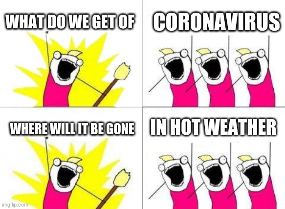 What Do We Want | WHAT DO WE GET OF; CORONAVIRUS; IN HOT WEATHER; WHERE WILL IT BE GONE | image tagged in memes,what do we want,coronavirus,weather | made w/ Imgflip meme maker