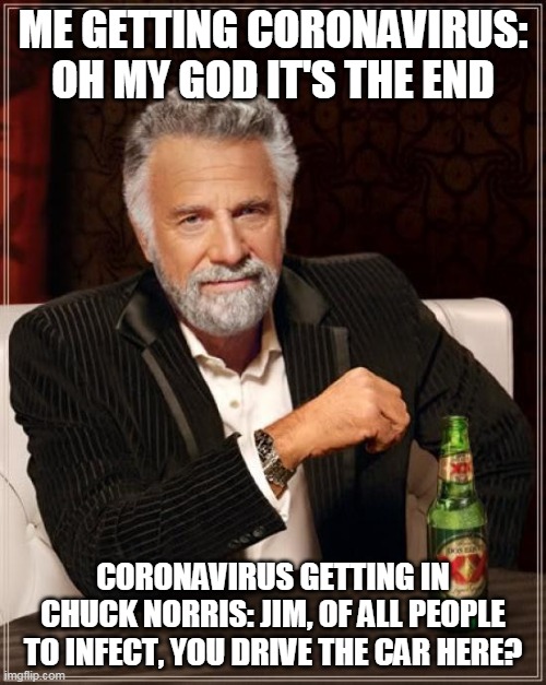 The Most Interesting Man In The World | ME GETTING CORONAVIRUS: OH MY GOD IT'S THE END; CORONAVIRUS GETTING IN CHUCK NORRIS: JIM, OF ALL PEOPLE TO INFECT, YOU DRIVE THE CAR HERE? | image tagged in memes,the most interesting man in the world | made w/ Imgflip meme maker