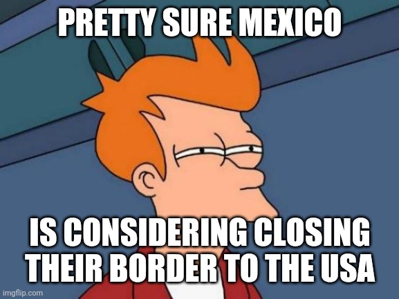 Futurama Fry Meme | PRETTY SURE MEXICO IS CONSIDERING CLOSING THEIR BORDER TO THE USA | image tagged in memes,futurama fry | made w/ Imgflip meme maker