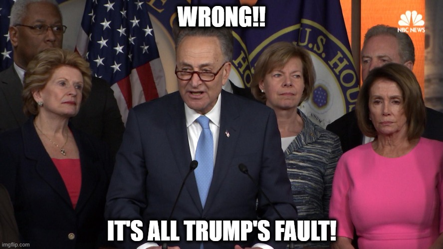 Democrat congressmen | WRONG!! IT'S ALL TRUMP'S FAULT! | image tagged in democrat congressmen | made w/ Imgflip meme maker