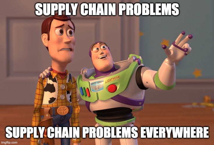 X, X Everywhere | SUPPLY CHAIN PROBLEMS; SUPPLY CHAIN PROBLEMS EVERYWHERE | image tagged in memes,x x everywhere,covid-19 | made w/ Imgflip meme maker