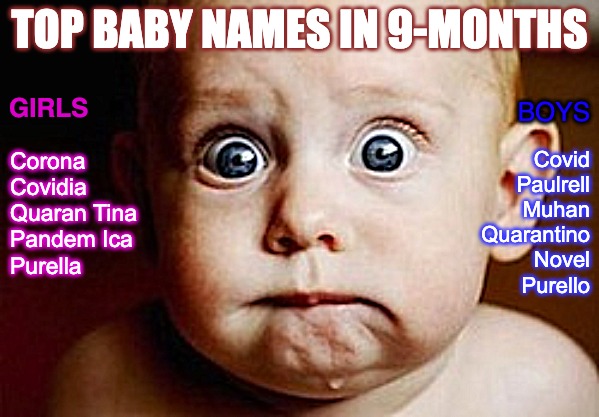 Worried baby | TOP BABY NAMES IN 9-MONTHS; BOYS; GIRLS; Corona
Covidia
Quaran Tina
Pandem Ica
Purella; Covid
Paulrell
Muhan
Quarantino
Novel
Purello | image tagged in worried baby | made w/ Imgflip meme maker