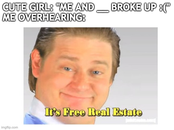 It's Free Real Estate | CUTE GIRL: "ME AND __ BROKE UP :("
ME OVERHEARING: | image tagged in memes,it's free real estate | made w/ Imgflip meme maker