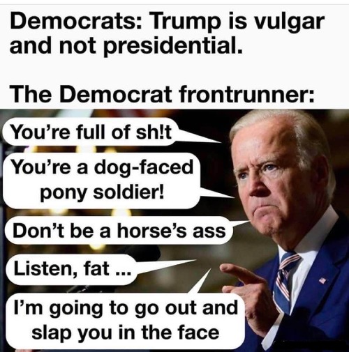 Democrats: Trump is vulgar and not Presidential enough | image tagged in liberal hypocrisy,crying democrats,dog faced pony soldier,horses ass,creepy joe biden,sleepy joe biden | made w/ Imgflip meme maker