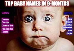 Worried baby | TOP BABY NAMES IN 9-MONTHS; BOYS; GIRLS; Corona
Covidia
Quaran Tina
Pandem Ica
Purella; Covid
Paulrell
Muhan
Quarantino
Novel
Purello | image tagged in worried baby | made w/ Imgflip meme maker
