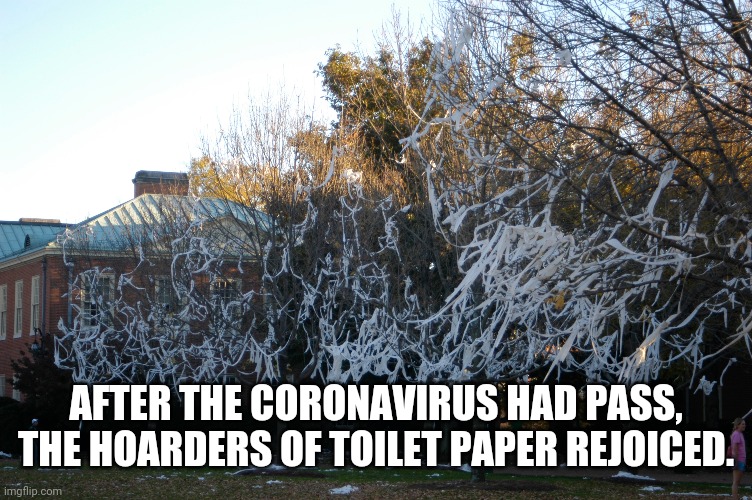 Toilet paper Hoarders rejoice | AFTER THE CORONAVIRUS HAD PASS, THE HOARDERS OF TOILET PAPER REJOICED. | image tagged in coronavirus,toilet paper | made w/ Imgflip meme maker