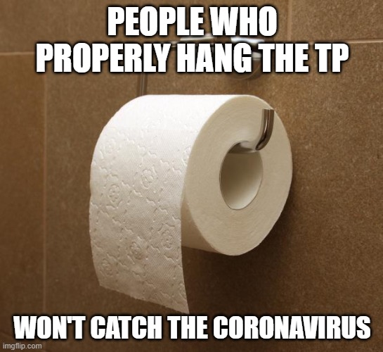 Toilet Paper | PEOPLE WHO PROPERLY HANG THE TP; WON'T CATCH THE CORONAVIRUS | image tagged in toilet paper | made w/ Imgflip meme maker