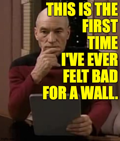picard thinking | THIS IS THE
FIRST
TIME
I'VE EVER FELT BAD FOR A WALL. | image tagged in picard thinking | made w/ Imgflip meme maker