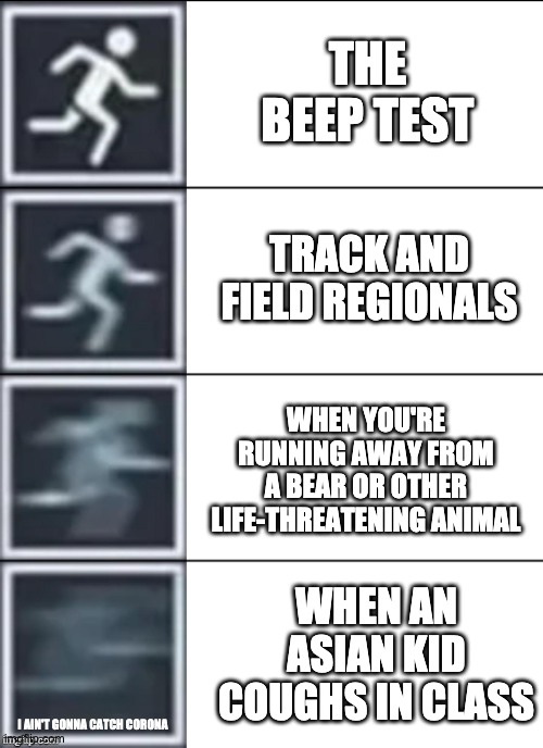 I am ultra speed 2020 style | THE BEEP TEST; TRACK AND FIELD REGIONALS; WHEN YOU'RE RUNNING AWAY FROM A BEAR OR OTHER LIFE-THREATENING ANIMAL; WHEN AN ASIAN KID COUGHS IN CLASS; I AIN'T GONNA CATCH CORONA | image tagged in memes,coronavirus | made w/ Imgflip meme maker