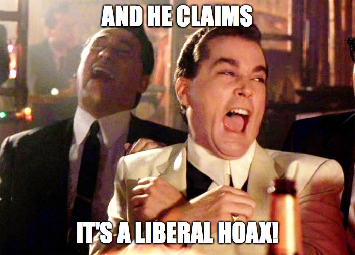 Good Fellas Hilarious Meme | AND HE CLAIMS IT'S A LIBERAL HOAX! | image tagged in memes,good fellas hilarious | made w/ Imgflip meme maker