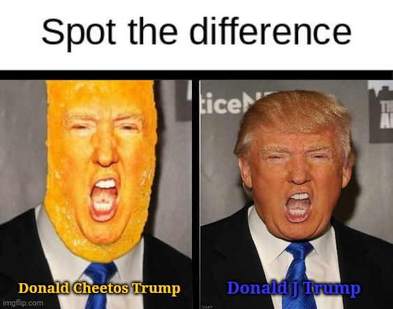 Spot the difference | Donald Cheetos Trump; Donald J Trump | image tagged in spot the difference,donald trump,politics,political,political meme,memes | made w/ Imgflip meme maker