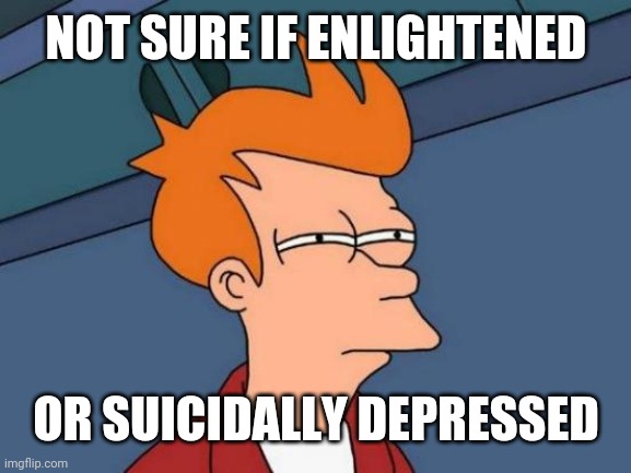 Futurama Fry Meme | NOT SURE IF ENLIGHTENED; OR SUICIDALLY DEPRESSED | image tagged in memes,futurama fry | made w/ Imgflip meme maker