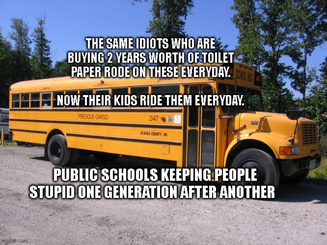 school bus | THE SAME IDIOTS WHO ARE BUYING 2 YEARS WORTH OF TOILET PAPER RODE ON THESE EVERYDAY.                    
       NOW THEIR KIDS RIDE THEM EVERYDAY. PUBLIC SCHOOLS KEEPING PEOPLE STUPID ONE GENERATION AFTER ANOTHER | image tagged in school bus | made w/ Imgflip meme maker