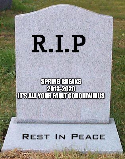 RIP headstone | SPRING BREAKS
2013-2020
IT'S ALL YOUR FAULT CORONAVIRUS | image tagged in rip headstone | made w/ Imgflip meme maker