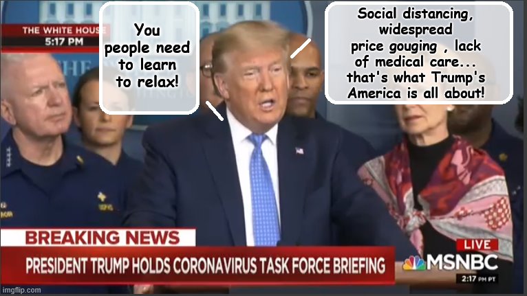 Trump's America.... | Social distancing, widespread price gouging , lack of medical care... that's what Trump's America is all about! You people need to learn to relax! | image tagged in trump is a moron,donald trump is an idiot,crook,coronavirus | made w/ Imgflip meme maker