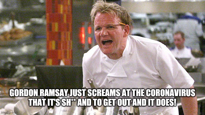 Gordon Ramsay coronavirus | GORDON RAMSAY JUST SCREAMS AT THE CORONAVIRUS THAT IT'S SH** AND TO GET OUT AND IT DOES! | image tagged in chef gordon ramsay,coronavirus,funny,yelling | made w/ Imgflip meme maker