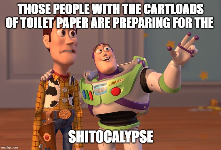 X, X Everywhere Meme | THOSE PEOPLE WITH THE CARTLOADS OF TOILET PAPER ARE PREPARING FOR THE; SHITOCALYPSE | image tagged in memes,x x everywhere | made w/ Imgflip meme maker