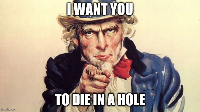 die in a hole | I WANT YOU; TO DIE IN A HOLE | image tagged in die in a hole | made w/ Imgflip meme maker
