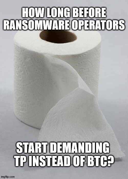toilet paper | HOW LONG BEFORE RANSOMWARE OPERATORS; START DEMANDING 
TP INSTEAD OF BTC? | image tagged in toilet paper | made w/ Imgflip meme maker