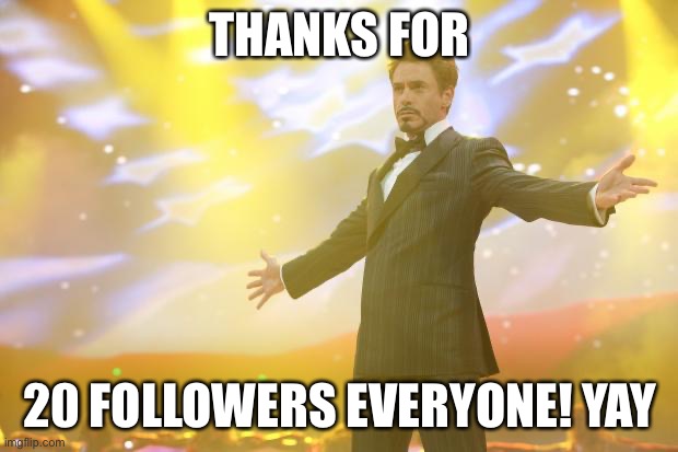 Tony Stark success | THANKS FOR; 20 FOLLOWERS EVERYONE! YAY | image tagged in tony stark success | made w/ Imgflip meme maker