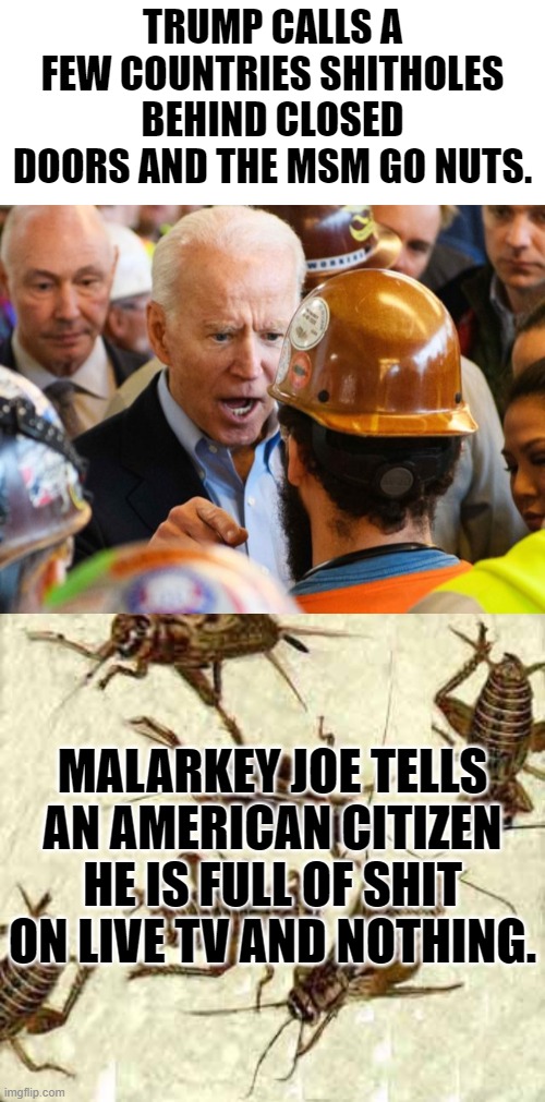 TRUMP CALLS A FEW COUNTRIES SHITHOLES BEHIND CLOSED DOORS AND THE MSM GO NUTS. MALARKEY JOE TELLS AN AMERICAN CITIZEN HE IS FULL OF SHIT ON LIVE TV AND NOTHING. | image tagged in blank white template,crickets,malarkey joe biden,corn pop popped a blood vessel had an aneurysm and lived,senile puppet presiden | made w/ Imgflip meme maker