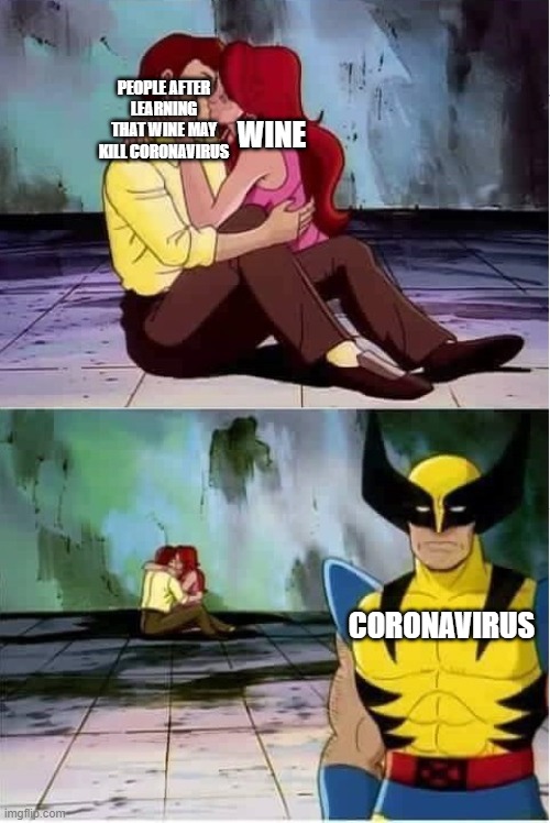 Sad wolverine left out of party | PEOPLE AFTER LEARNING THAT WINE MAY KILL CORONAVIRUS; WINE; CORONAVIRUS | image tagged in sad wolverine left out of party | made w/ Imgflip meme maker