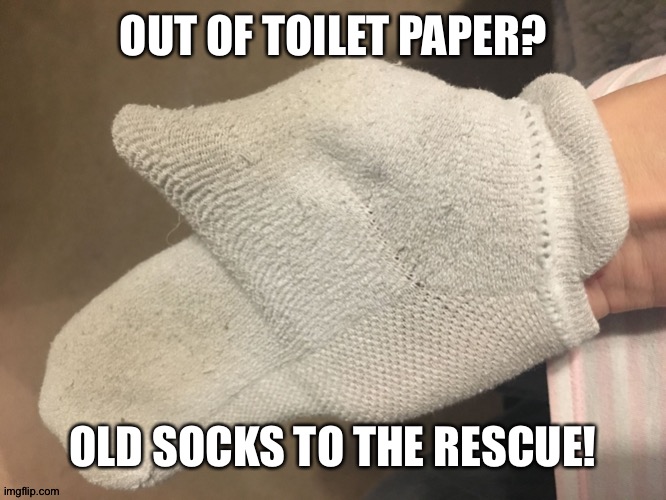 No Toilet Paper? Old Socks To The Rescue! | OUT OF TOILET PAPER? OLD SOCKS TO THE RESCUE! | image tagged in no toilet paper old socks to the rescue | made w/ Imgflip meme maker