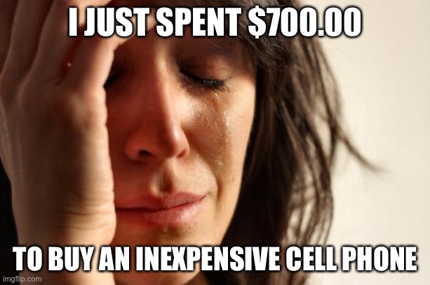 First World Problems Meme | I JUST SPENT $700.00; TO BUY AN INEXPENSIVE CELL PHONE | image tagged in memes,first world problems | made w/ Imgflip meme maker