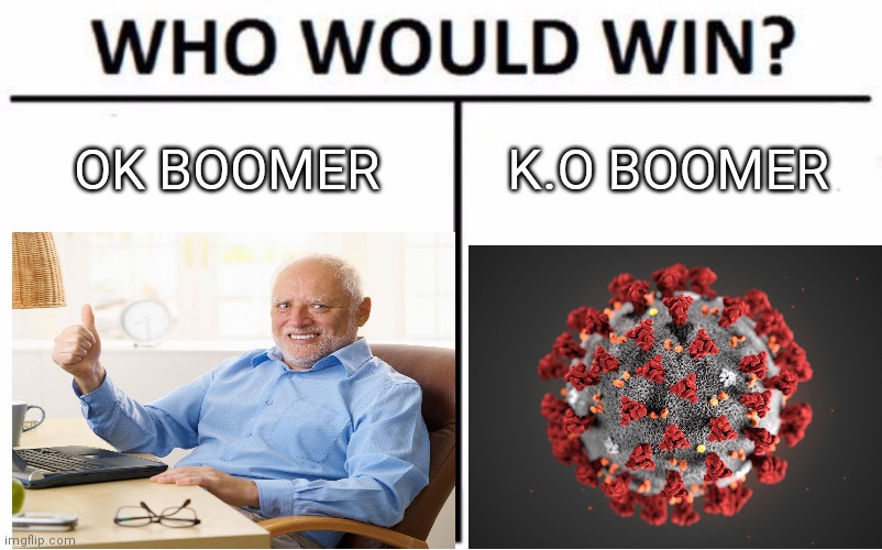 OK BOOMER; K.O BOOMER | image tagged in boomer,coronavirus | made w/ Imgflip meme maker