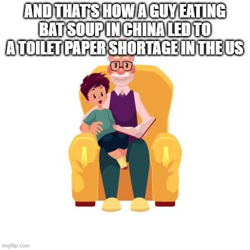 Toilet Paper Shortage | AND THAT'S HOW A GUY EATING BAT SOUP IN CHINA LED TO A TOILET PAPER SHORTAGE IN THE US | image tagged in toilet paper,bat,china | made w/ Imgflip meme maker