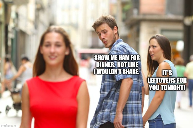 Distracted Boyfriend Meme | SHOW ME HAM FOR DINNER.  NOT LIKE I WOULDN'T SHARE. IT'S LEFTOVERS FOR YOU TONIGHT! | image tagged in memes,distracted boyfriend | made w/ Imgflip meme maker