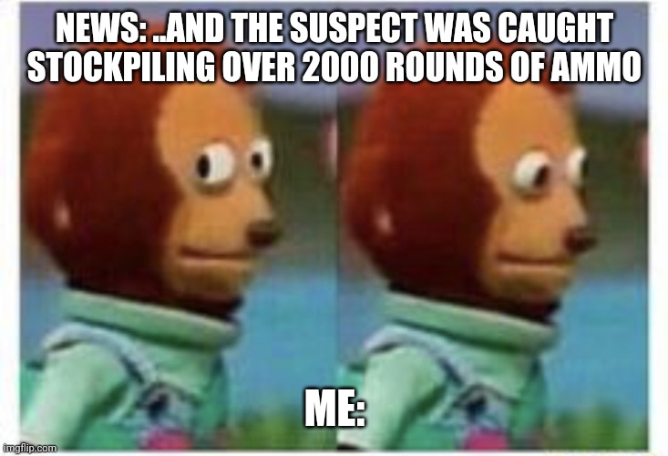 side eye teddy | NEWS: ..AND THE SUSPECT WAS CAUGHT STOCKPILING OVER 2000 ROUNDS OF AMMO; ME: | image tagged in side eye teddy | made w/ Imgflip meme maker