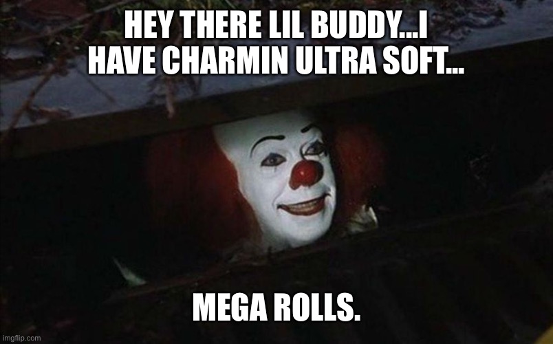 Clown in sewer | HEY THERE LIL BUDDY...I HAVE CHARMIN ULTRA SOFT... MEGA ROLLS. | image tagged in clown in sewer | made w/ Imgflip meme maker