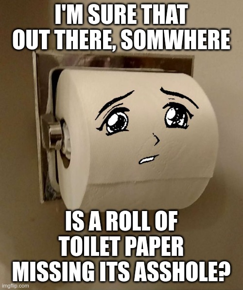 Toilet Paper Senpai | I'M SURE THAT OUT THERE, SOMWHERE IS A ROLL OF TOILET PAPER MISSING ITS ASSHOLE? | image tagged in toilet paper senpai | made w/ Imgflip meme maker