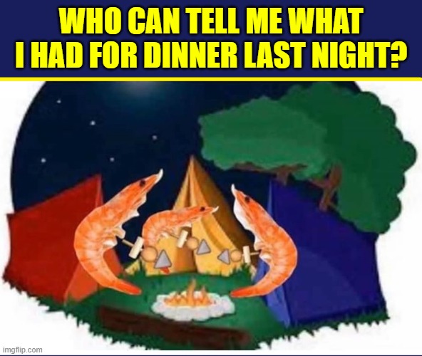 "Oh, Look! Shrimps Camping!" sez Vince as he elbows you in the ribs | WHO CAN TELL ME WHAT I HAD FOR DINNER LAST NIGHT? | image tagged in vince vance,shrimp,tents,camping,barbecue,wordplay | made w/ Imgflip meme maker