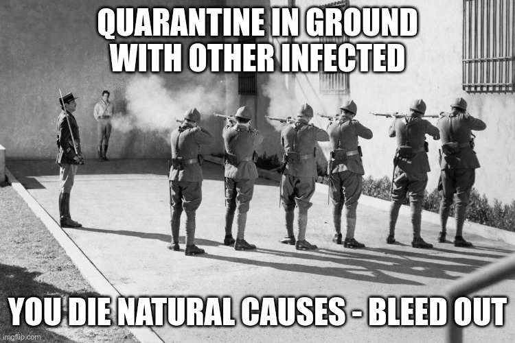 firing squad | QUARANTINE IN GROUND WITH OTHER INFECTED YOU DIE NATURAL CAUSES - BLEED OUT | image tagged in firing squad | made w/ Imgflip meme maker