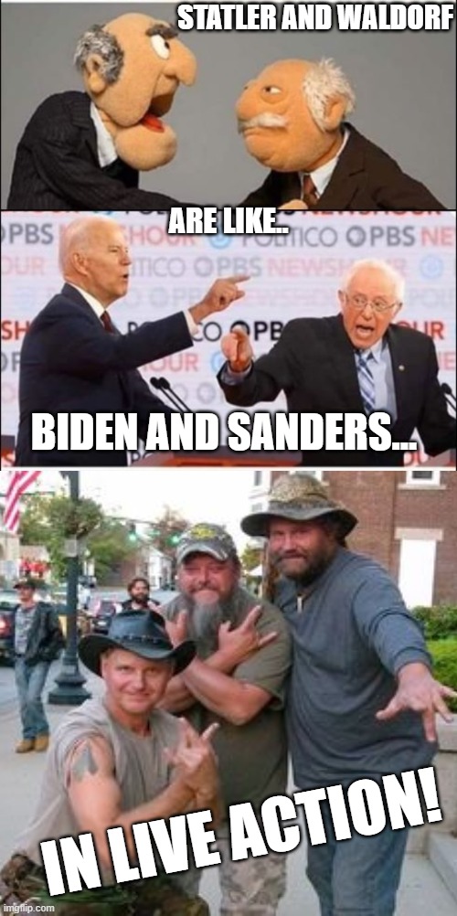 STATLER AND WALDORF; ARE LIKE.. BIDEN AND SANDERS... IN LIVE ACTION! | image tagged in memes,so i got that goin for me which is nice,blank white template,bernie biden muppets | made w/ Imgflip meme maker