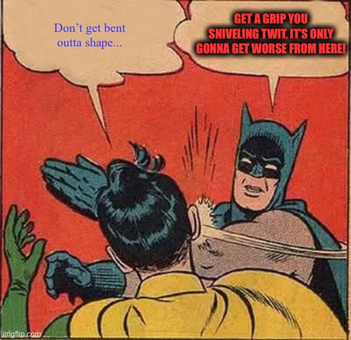 Batman Slapping Robin Meme | Don’t get bent outta shape... GET A GRIP YOU SNIVELING TWIT, IT’S ONLY GONNA GET WORSE FROM HERE! | image tagged in memes,batman slapping robin | made w/ Imgflip meme maker